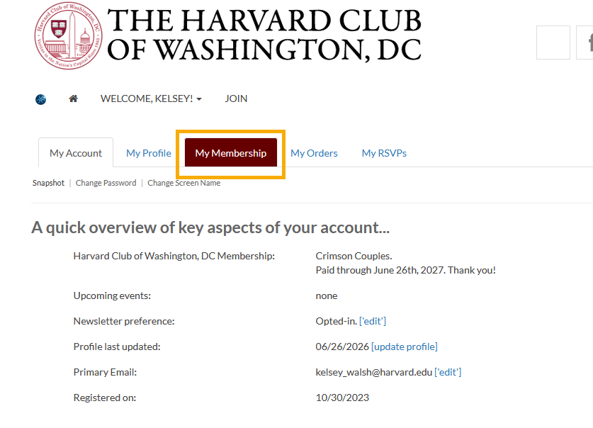 My Membership tab